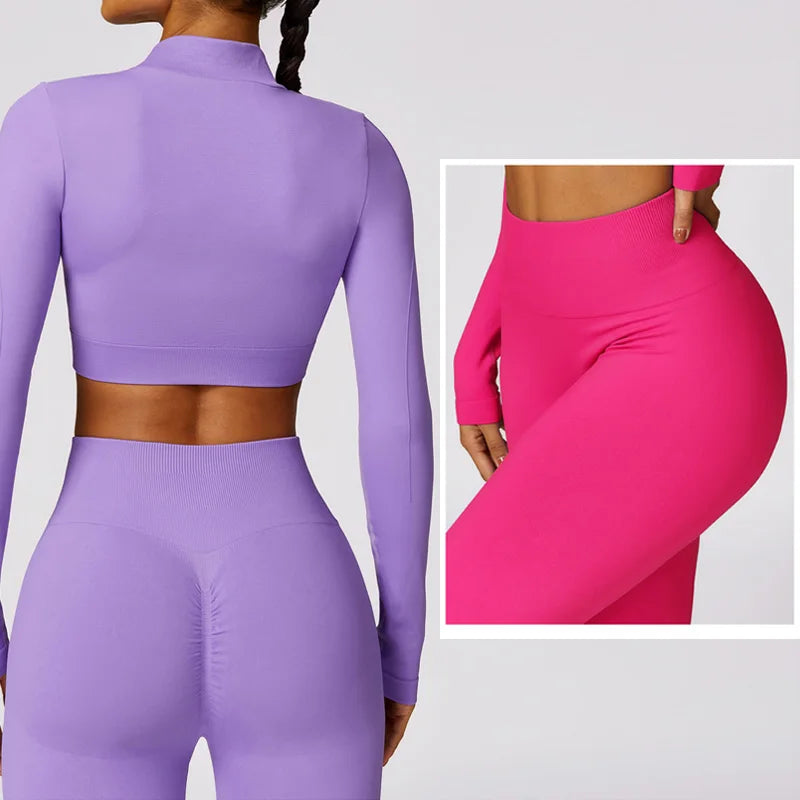 2PC & 3PC Seamless Workout Set;  Leggings, Jacket, and Bra