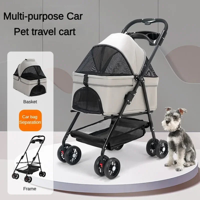 Foldable Pet Stroller 4-Wheel Dog Travel Stroller Pushchair Jogger with Storage Basket for Puppy Cat Pet Suplies Outdoor