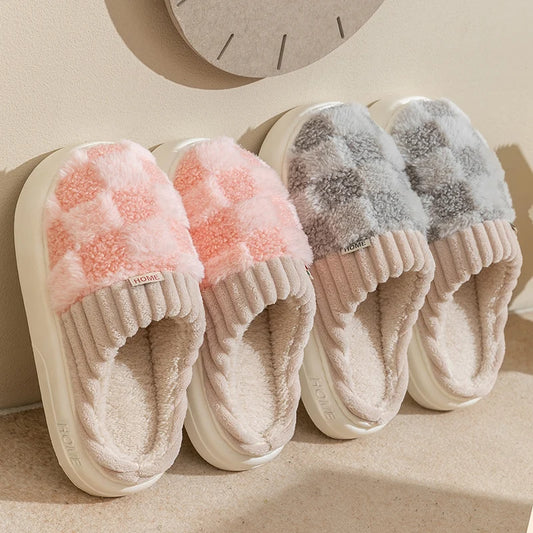 Warm Plaid Cotton Slippers: Warm and Non-Slip